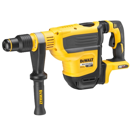 Yellow and black DEWALT cordless rotary hammer drill with side handle, shown on a white background.