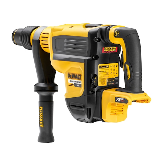 DEWALT DCH614N 54V cordless rotary hammer drill with side handle and brushless motor, shown in yellow and black.