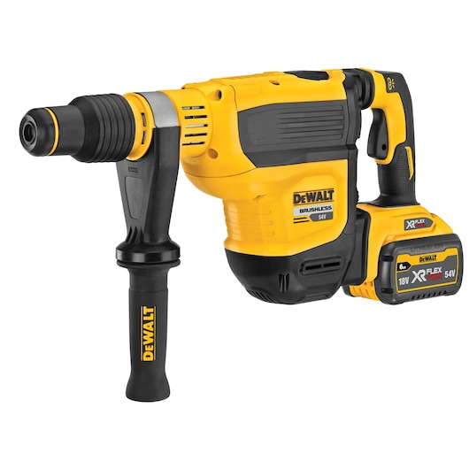 DEWALT cordless brushless rotary hammer drill with side handle and XR FlexVolt 54V battery.