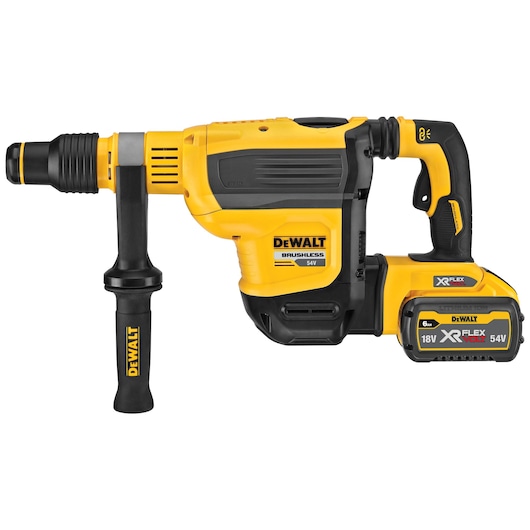 DEWALT cordless rotary hammer with yellow and black design, XR FLEXVOLT 54V battery, side handle visible.