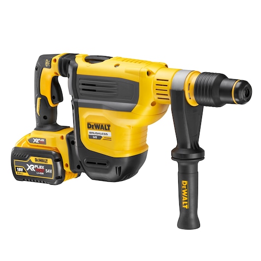 DEWALT cordless brushless rotary hammer drill with side handle and battery pack, yellow and black design.