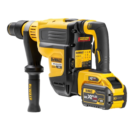 DEWALT cordless rotary hammer drill with 54V XR FLEXVOLT battery and side handle. Black and yellow design.
