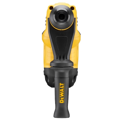 Front view of a DEWALT DCH614X2 power tool with a black handle and yellow body, against a white background.