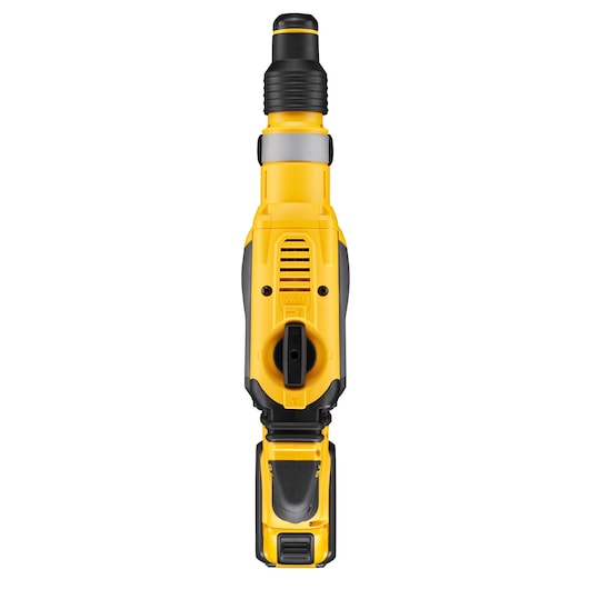 Front view of a yellow DEWALT cordless rotary hammer drill with black accents, shown on a white background.