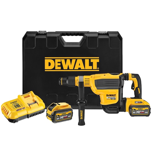 DEWALT rotary hammer kit with case, batteries, charger, and cordless tool in yellow and black.