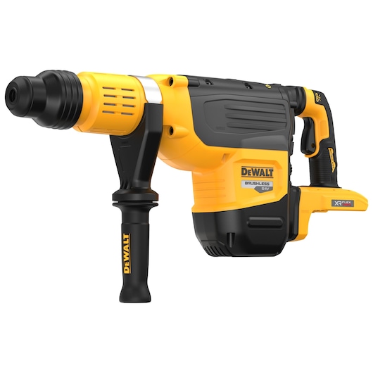 DEWALT 54V rotary hammer drill with side handle, yellow and black body, cordless design, XR FLEXVOLT branding.