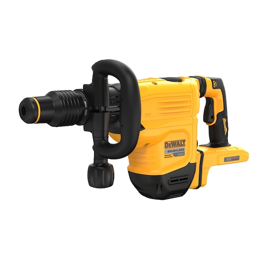 Yellow DEWALT cordless rotary hammer drill with black handle and XR FLEXVOLT battery on white background.
