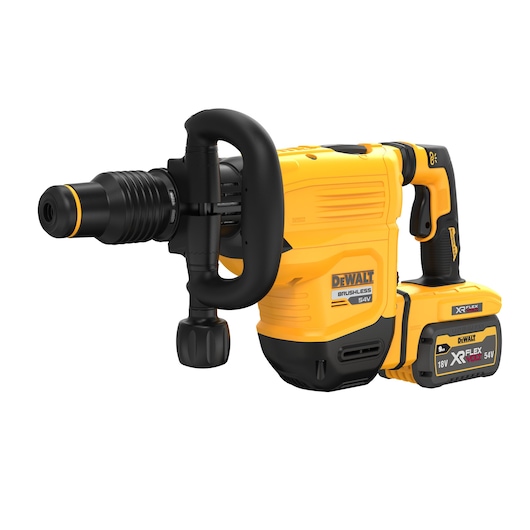 Yellow cordless DEWALT rotary hammer drill with handle and battery pack on white background.