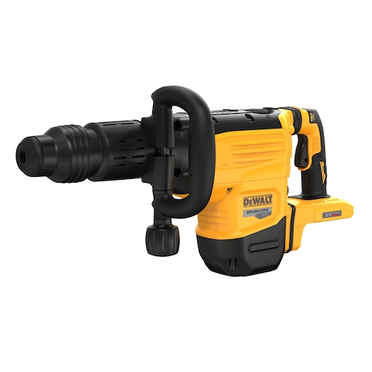 DEWALT cordless hammer drill, yellow and black, model DCH892N, with side handle for construction work.