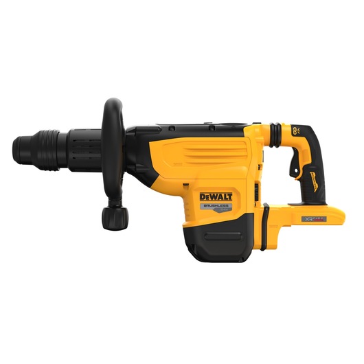DEWALT DCH892N cordless yellow demolition hammer with side handle, shown on white background.