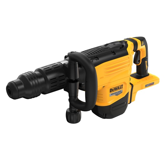 Cordless yellow and black DEWALT rotary hammer drill with side handle, shown against a white background.