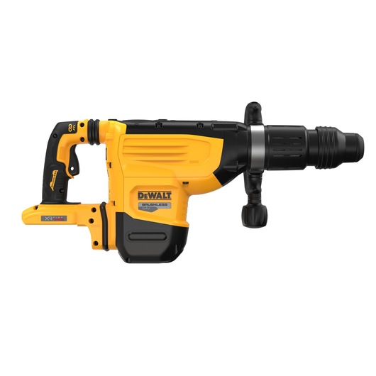 DEWALT yellow cordless hammer drill with black handle and brushless motor, shown from the side.
