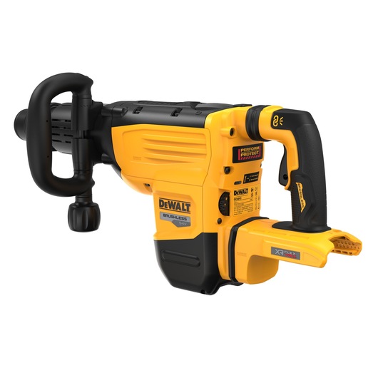Yellow and black DEWALT cordless rotary hammer drill with side handle and brushless motor.