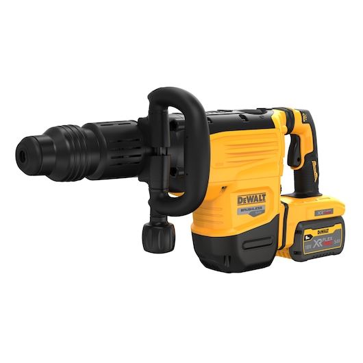 DEWALT cordless rotary hammer drill with black and yellow design, large handle, and attached battery pack.