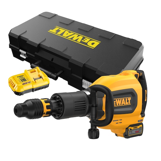 DEWALT cordless rotary hammer with case and charger, yellow and black design, shown from side view.