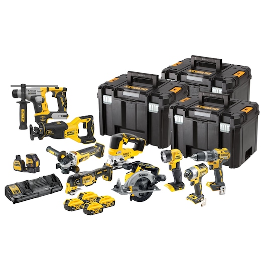 DEWALT tool kit with multiple power tools, batteries, charger, and three black storage cases.