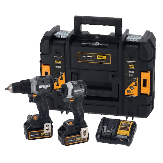 DEWALT tool kit with two drills, charger, and sturdy black case, shown on a white background.