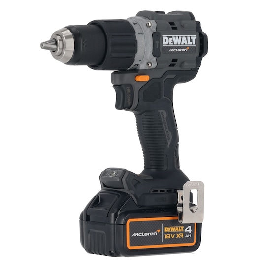 DEWALT cordless power drill with McLaren branding and an 18V XR battery, shown in close-up against a white background.