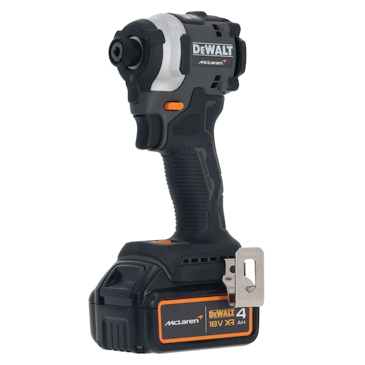 Cordless DEWALT impact driver with 18V battery, black and orange, McLaren edition.