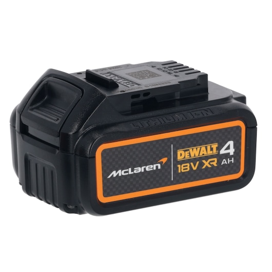 DEWALT 18V XR 4Ah lithium-ion battery with McLaren branding, black casing and orange trim.