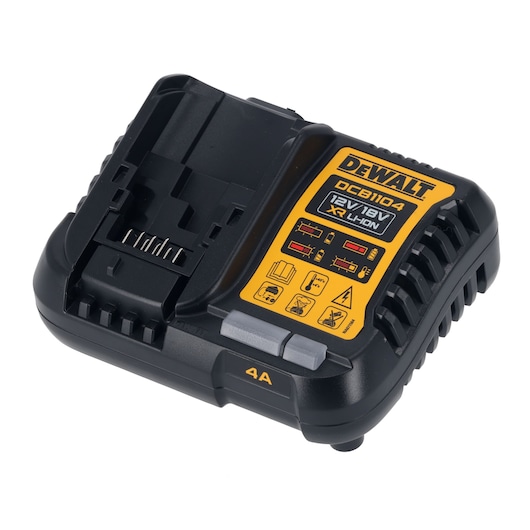 DEWALT DCB1104 battery charger for 12V/18V XR Li-Ion batteries with yellow label and indicator icons.