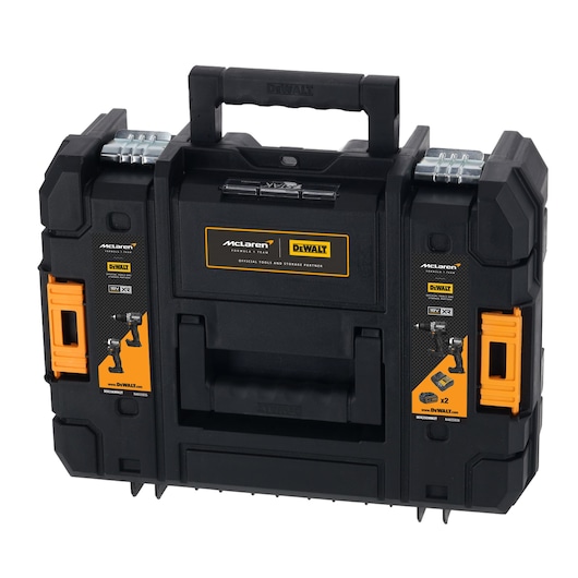 Black DEWALT toolbox with orange latches and McLaren branding, featuring sturdy handle and compartments.