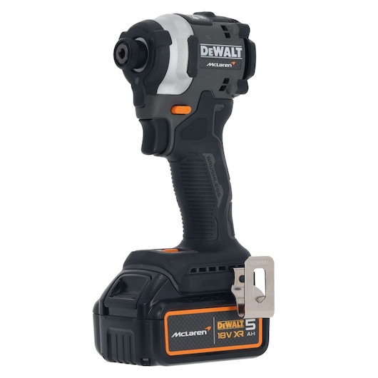 DEWALT cordless power tool with 18V XR battery, black and orange, standing upright on white background.