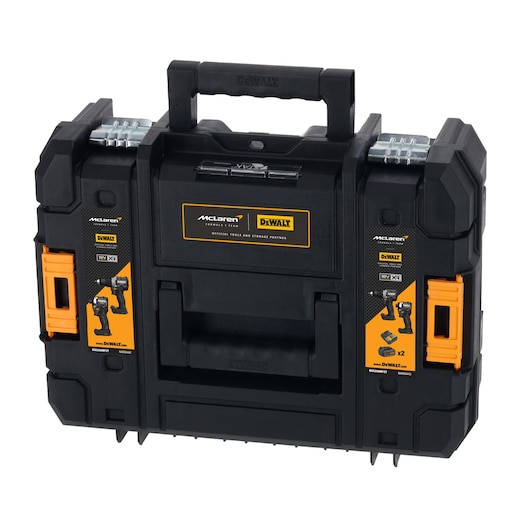 DEWALT black and yellow tool case with handle and McLaren branding. Front labels show tools and features.