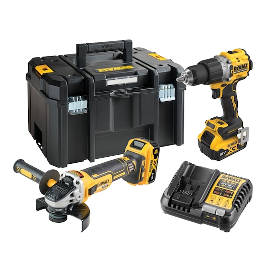 DEWALT tool set with drill, grinder, battery charger and black carrying case displayed on white background.