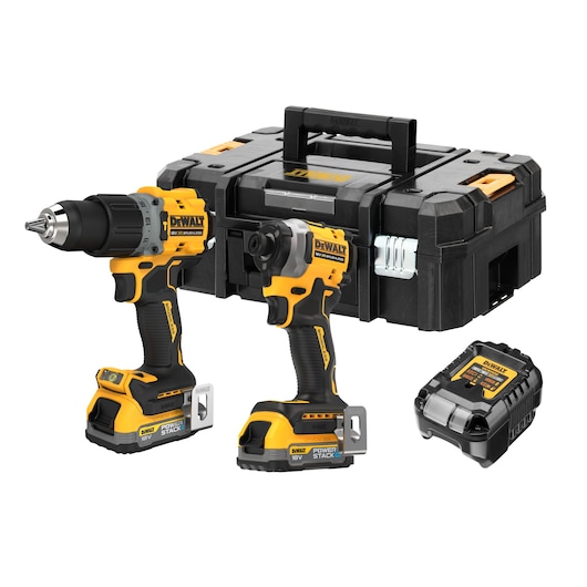 DEWALT tool kit with two cordless drills, charger, and black carrying case.