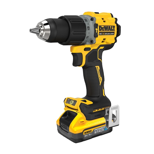 DEWALT yellow and black cordless drill with POWERSTACK 18V battery, brushless motor, and metal belt clip.