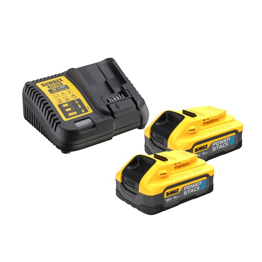 DEWALT charger and two 18V Powerstack lithium-ion batteries, black and yellow, for cordless tools.