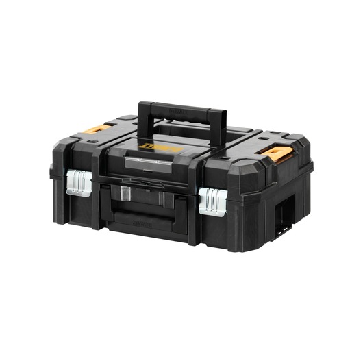 Black DEWALT toolbox with handle, metal latches, and yellow accents for secure tool storage and easy transport.