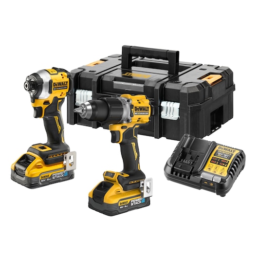 DEWALT tool kit with cordless drill, impact driver, charger and storage case.