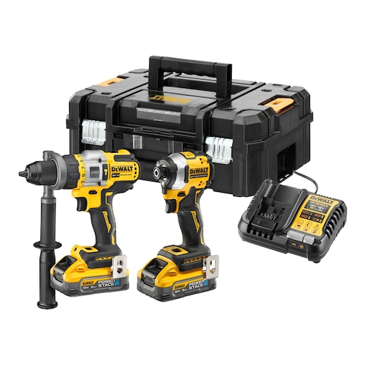 DEWALT tool kit including a cordless drill, impact driver, charger, batteries, and a black and yellow carrying case.