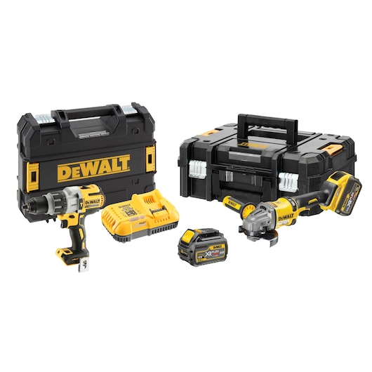 DEWALT tool set with drill, grinder, two tool cases, batteries, and charger displayed on white background.