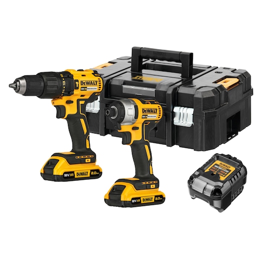 DEWALT tool kit with drill, impact driver, battery charger, two batteries, and black carrying case.