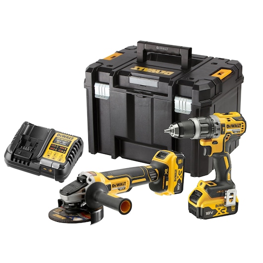 DEWALT tool kit with drill, grinder, charger and hard carrying case, all in yellow and black.