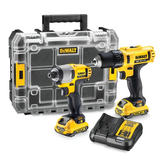 DEWALT drill and impact driver set with carrying case and charger, yellow and black, SKU DCK211D2T.