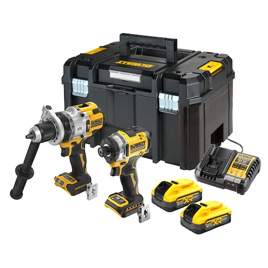 DEWALT tool kit with two cordless drills, charger, two batteries, and black carrying case.