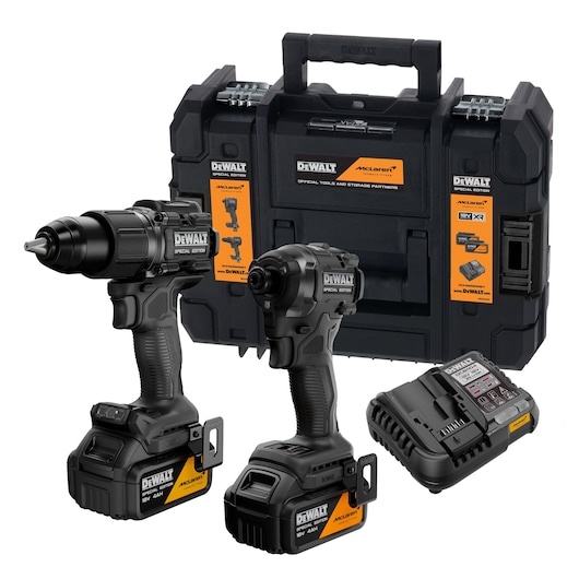 DEWALT tool kit with two cordless drills, battery charger, and black carrying case with orange labels.