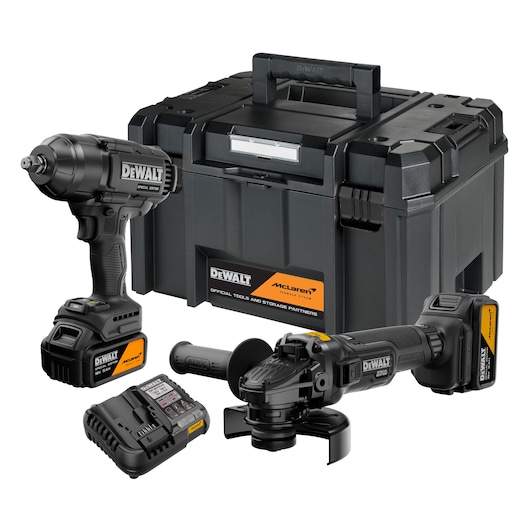 DEWALT cordless tool set with case, grinder, impact wrench, batteries and charger.