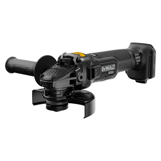 Cordless DEWALT angle grinder with side handle, black and yellow, Special Edition, without disc attached.