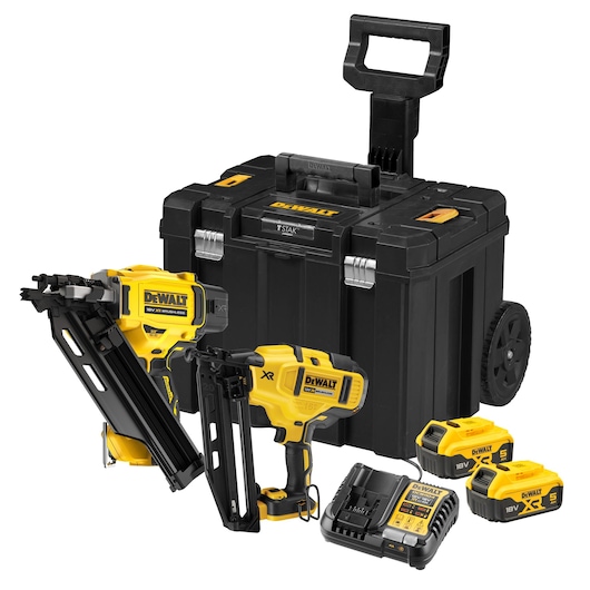 DEWALT tool kit with two nailers, batteries, charger, and wheeled black case.