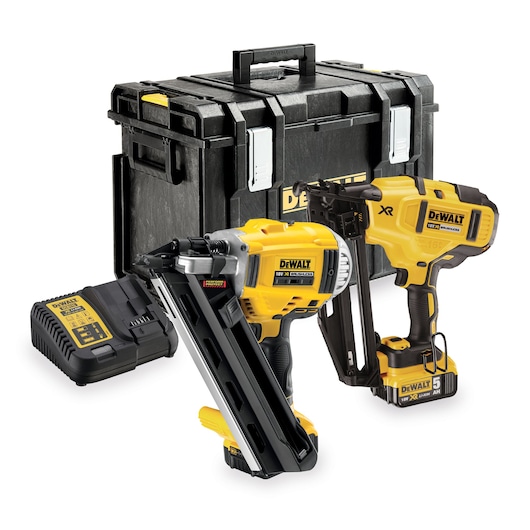DEWALT tool kit with two cordless nailers, charger, and a black carrying case.