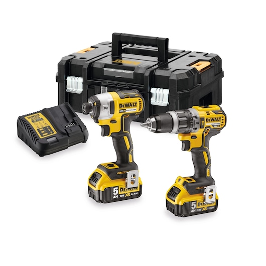 DEWALT tool set with two drills, charger, and sturdy black carrying case, suitable for professional use.