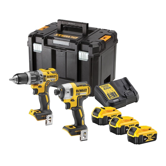 DEWALT tool kit with drill, impact driver, battery charger, three batteries, and storage case.