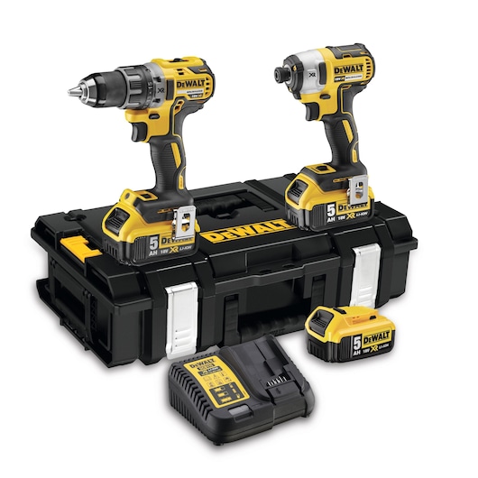 DEWALT cordless drill and impact driver kit with batteries, charger, and carrying case.