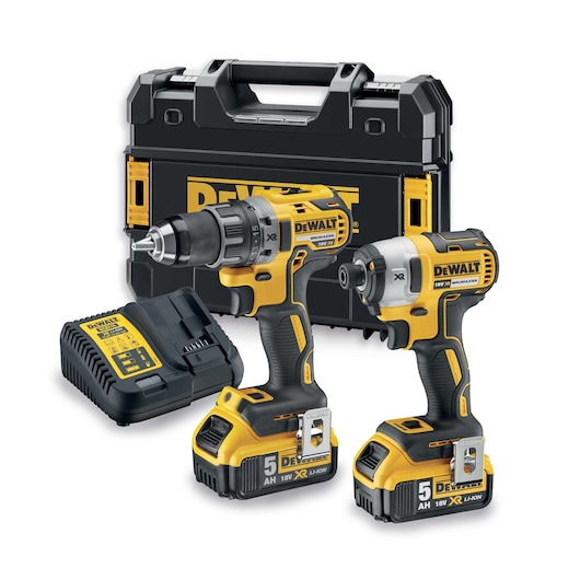 DEWALT tool set with drill, impact driver, charger, and hard carrying case, all in yellow and black.