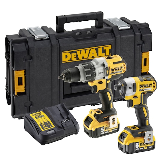 DEWALT tool set with drill, impact driver, charger and storage case in yellow and black.